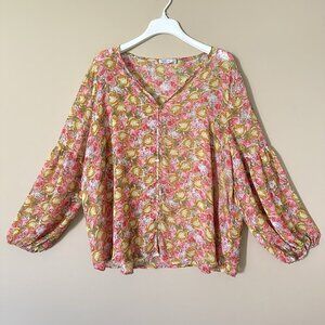 Women 2X Floral Semi Sheer Balloon Sleeve Peasant Top VNeck Button Flowy Long Sl